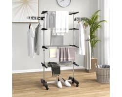 MIVRAY Droogtoren – 5 Niveaus Klapbaar En Verrijdbaar – 142 x 55 x 172 cm – Roestvrij Staal – Zwart En Zilver – Voor Binnen