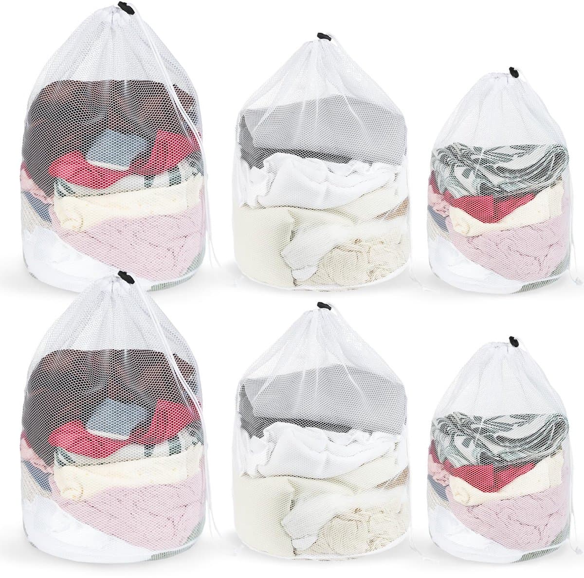 6 stuks waszakken, 50 x 60 cm, 40 x 50 cm, 30 x 40 cm, wasnet voor wasmachine met trekkoord, herbruikbaar wasnet, groot, waszak van netstof voor thuis, reizen, hotel, studentenhuis — afbeelding 1