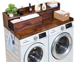 VEVOR Wasmachine en Droger Keukenplaat met Schroefaand, 137 X 69,9 cm Houten Was- en Drogershoofd met 2 Laden & Haakjes, Wasmachinehoofd voor Waskast, Keukenorganisatie en Opbergoplossing, Bruin
