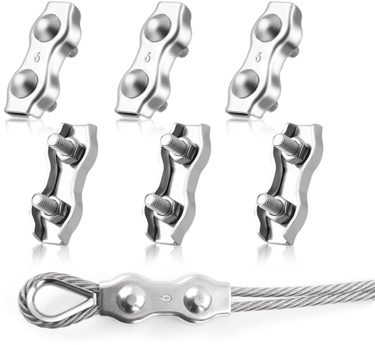 SnelShoppen - M6 Duplex Klemmen, 6 Stuks Stalen Kabel Klemmen, Roestvrij Staal 304 Kabel Klemmen, 6mm Stalen Kabel, Waslijn, Tent Bevestiging — afbeelding 1