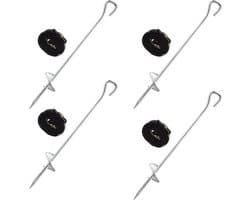 8 delige grondanker set - trampoline haringen en spanbanden - verzinkt staal - zwart/zilver