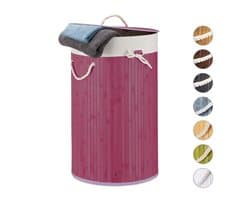 wasmand bamboe - 70 l - opvouwbaar - met deksel en katoenen waszak - Ø 41 cm - paars