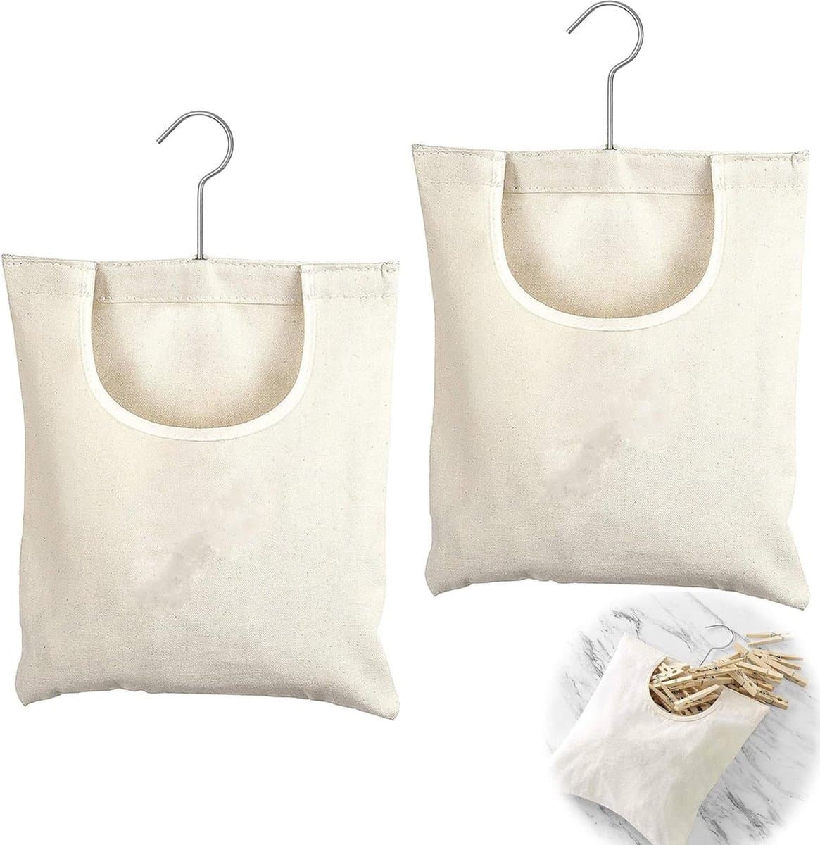 Wasknijperzakken 27 x 32 cm met beugel - Linnen tas om op te hangen - Herbruikbaar organizer voor badkamer of garderobe (Beige) — afbeelding 1