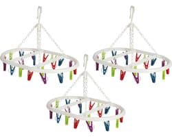 Wasgoed droogcarrousel/droogmolen - 3x - 20 clips/knijpers - multi kleuren - kunststof - 29 x 42 cm
