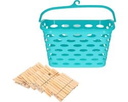 Wasknijpersmandje met haak - blauw - en 100x houten wasknijpers 7 cm - was ophangen