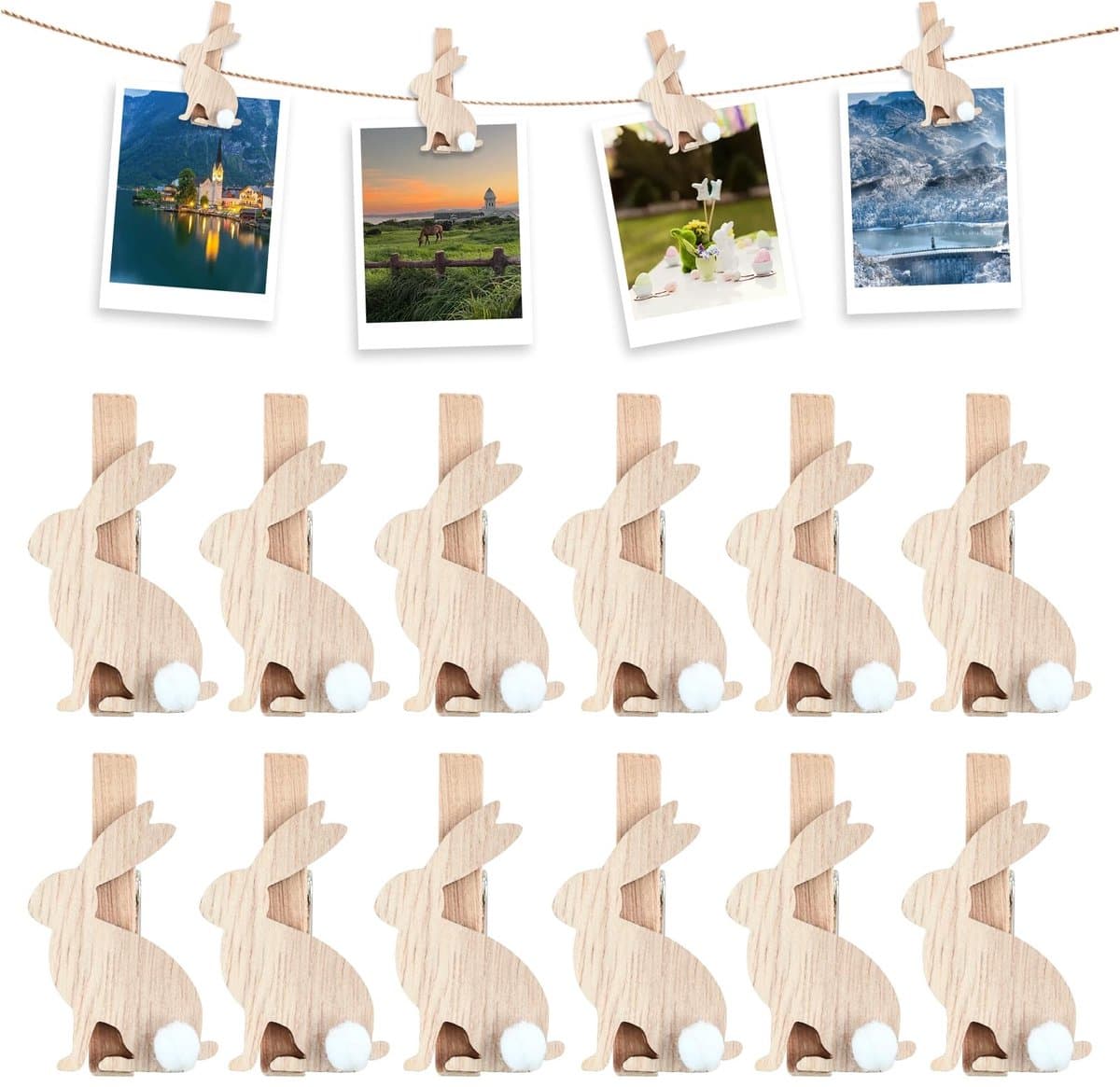 JHUBERS- Wasknijpers Hout 12 Stuks - Mini Wasknijpers - Decoratieve Paasklemmen - Houten Hazenclips - Robuuste Constructie - Perfect voor Woondecoratie - Decoratieve Clips — afbeelding 1