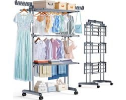 Droogrek 4 etages - Wasrek toren - Kleding drogen - Opvouwbaar met wielen - Grote capaciteit - Grijs Zwart
