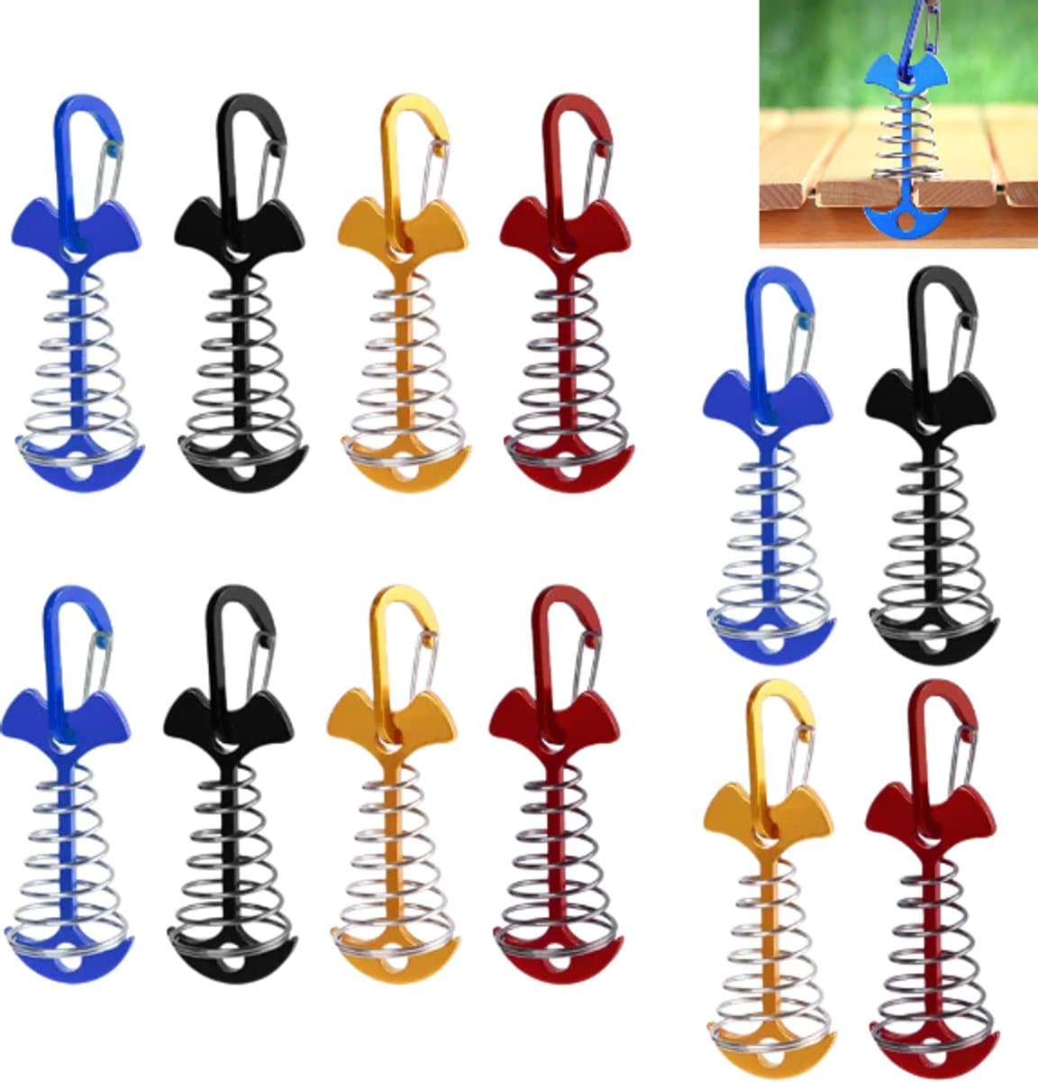 12 stuks - Verlengde, veerbelaste grondpinnen - Verstelbare grondpinnen- Draagbare, windbestendige grondankers - Tentgrondpinnen - Goud, zwart, blauw, rood - 77*36 mm - Met karabijnhaak - Geschikt voor campingterrassen,buitenluifels — afbeelding 1