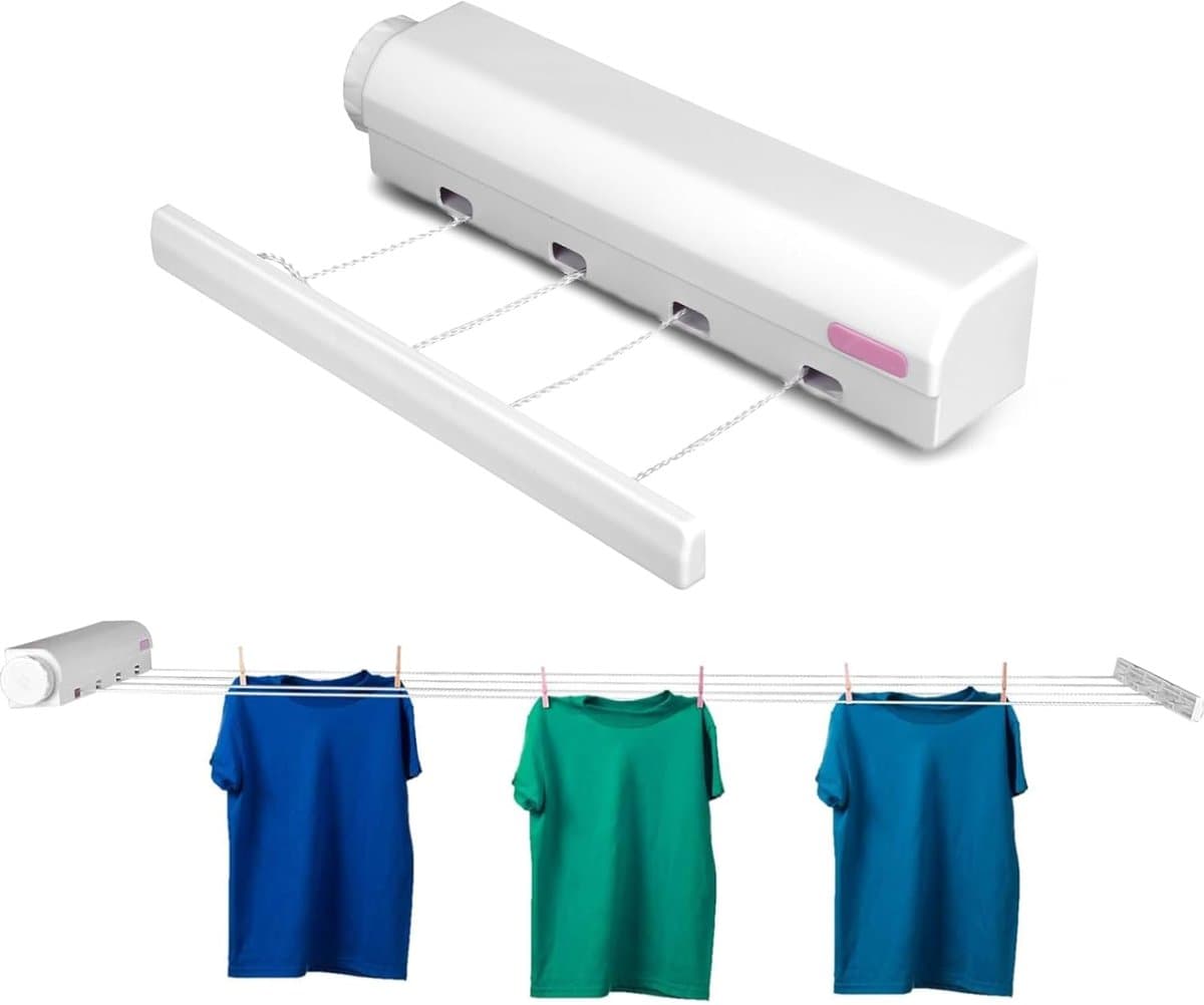 Intrekbare Waslijn - Telescopisch Droogrek - Kleding Drogen - Automatisch Oprolbaar - 4 Touwen - Zwart — afbeelding 1