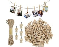 Dailygoods- Knijpers Mini 150 Stuks - Houten Knijpers - Decoratieve Klemmen - Henneptouw - I-vormige Spijkers - Lichtgewicht 100 g