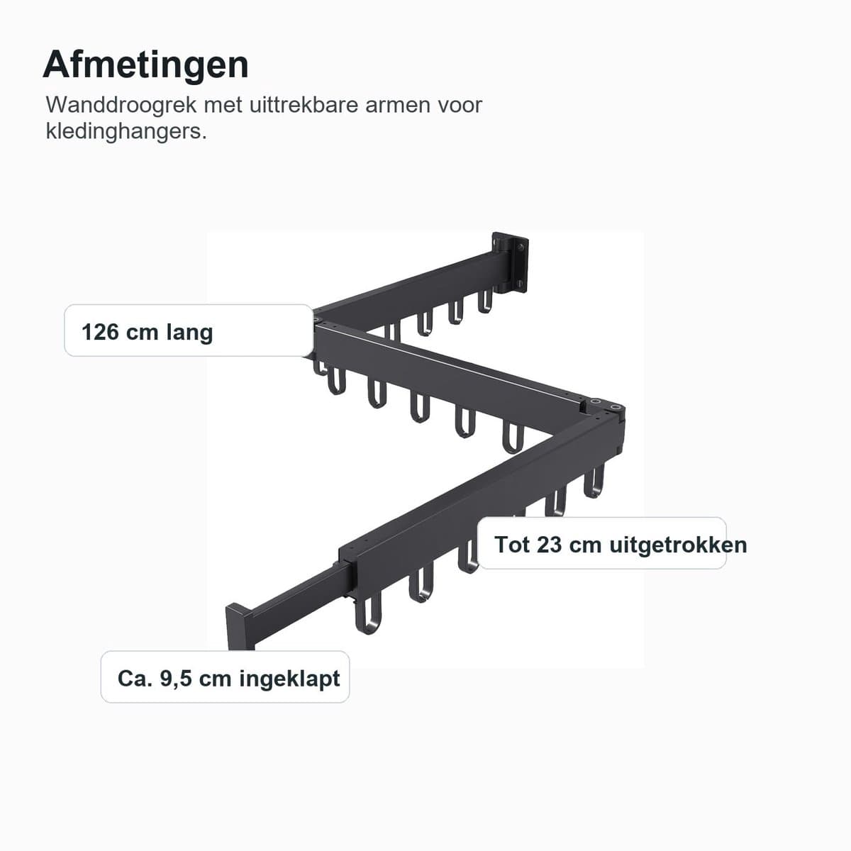 Wanddroogrek - zwart - inklapbaar - 18 haken - 126 cm — afbeelding 1
