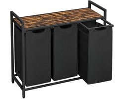 Innovastore Wasmand kast - Wasmand - Wasmand 3 vakken - Wassorteerder - Uitschuifbaar met plank - 114 liter - Zwart-Bruin
