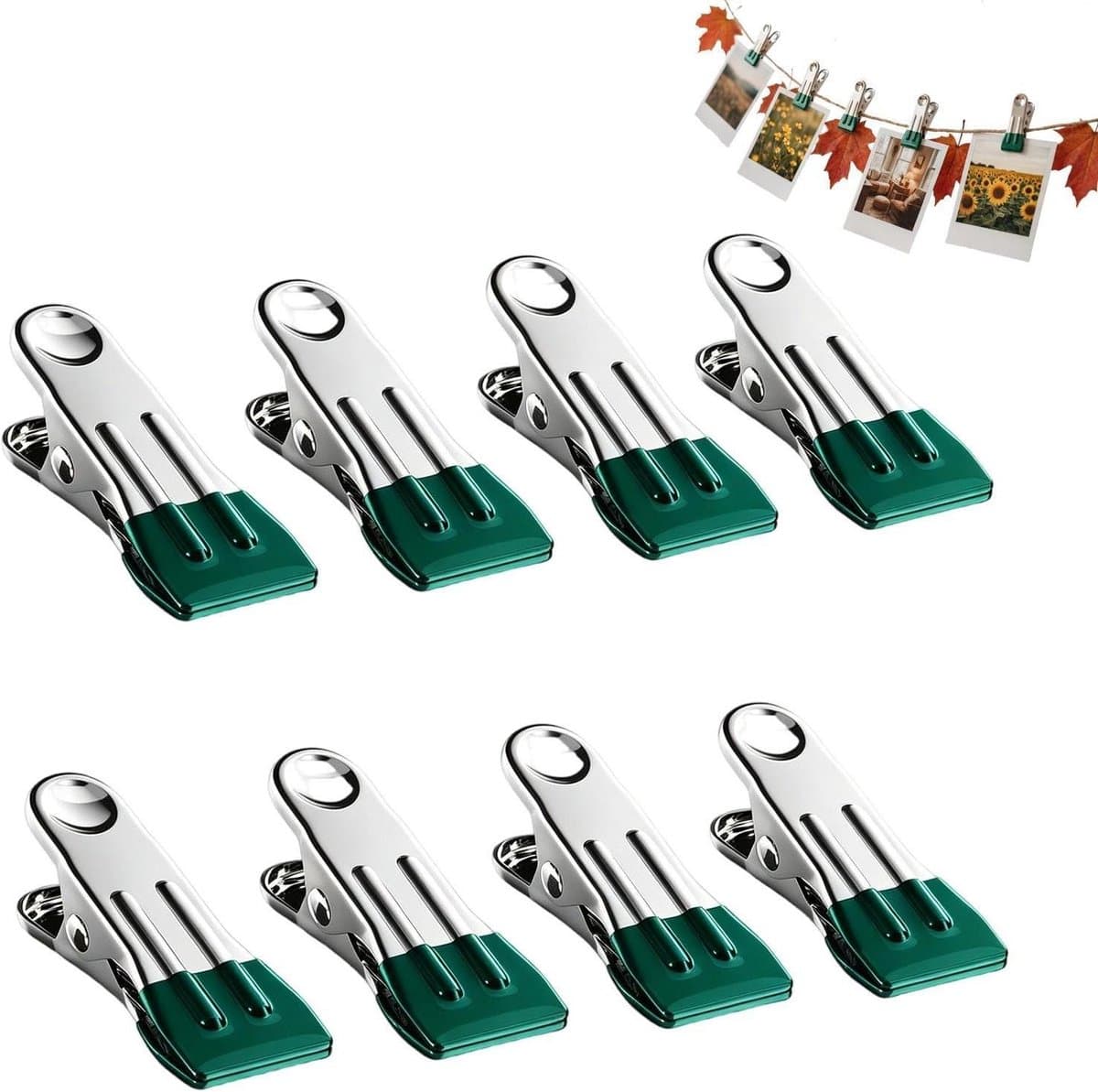 Stevige Wasknijpers - Kledingclips Hangers - Was Drogen Buiten - Roestvrij Staal - 8 Stuks - Groen — afbeelding 1