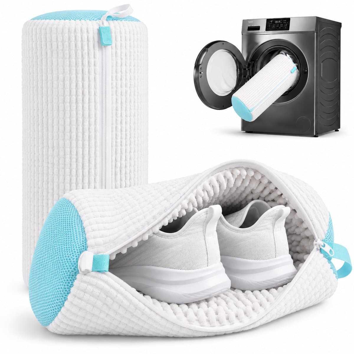BOTC Schoenen Waszak Set - 2 Stuks - Herbruikbare Waszak voor Schoenen – 360° Diepe Reiniging met Microvezel - Beschermende Schoenen Waszak voor Wasmachine en Droger - Wit en blauw — afbeelding 1