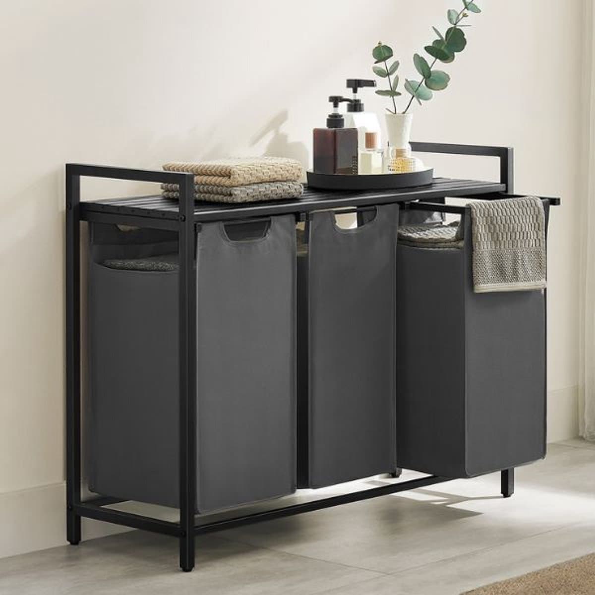 Wasmanden Met Plank Polly | Drie Compartimenten | 92,5 X 33 X 72 Cm | Grijs - Vasagle - Wasmanden - Antraciet - Stof; Metaal — afbeelding 1