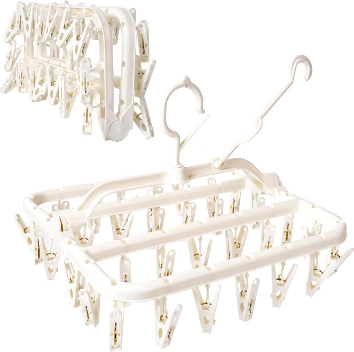 Opvouwbaar droogrek met 32 droogklemmen, winddichte haken, ondergoedhanger, kunststof wasklemmen voor sokken en bh's (wit) — afbeelding 1