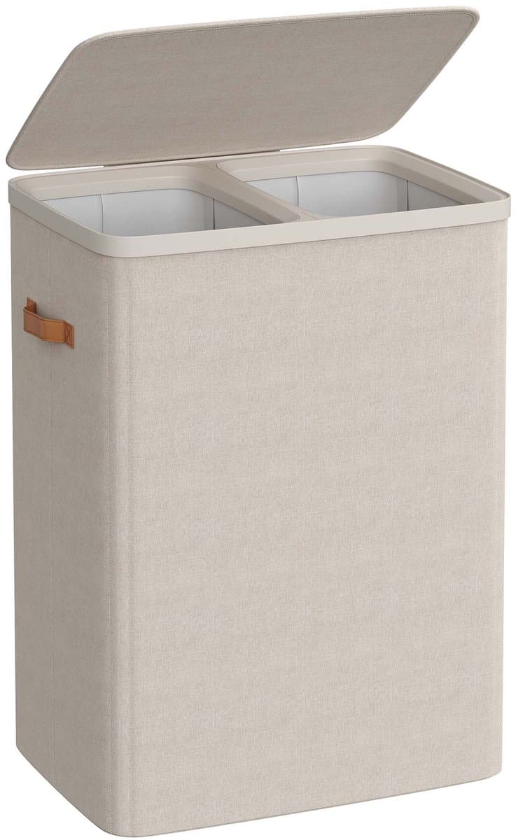 Waskorf, vuilewasmand, wasverzamelaar met deksel, handvat en 2 afneembare zakken. Inhoud tot 170 liter. Modern en minimalistisch stijlvol ontwerp. 56 x 40 x 75 cm, bruin. — afbeelding 1