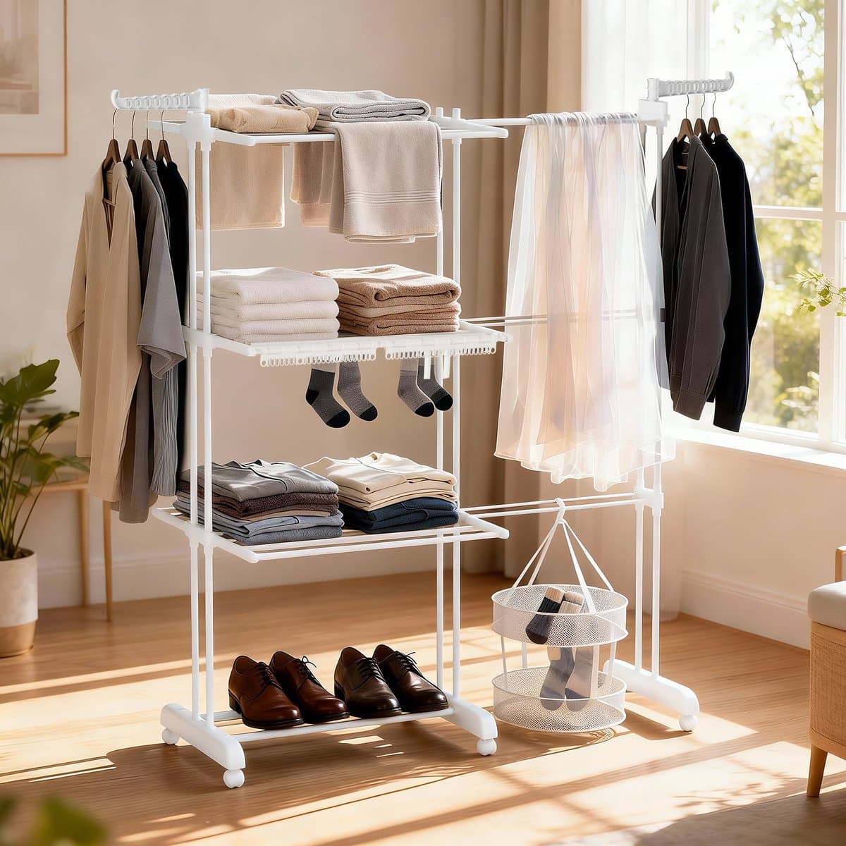 Soontrans Metalen Wasrek Met Wielen – Inklapbaar & Uitschuifbaar, 3 Verdiepingen Droogtoren 66x50x170cm, Multifunctioneel Voor Binnen/Buiten/Balkon, Stevig en Langleven, Inclusief 2 Sokkenclips en 1 Dubbellaagse Droogmand (Wit) — afbeelding 1