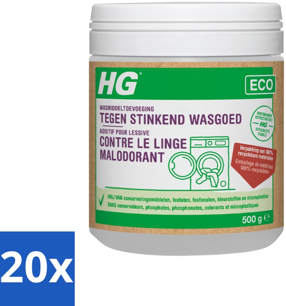 HG Eco Wasmiddeltoevoeging tegen Stinkend Wasgoed 500 gr - Bulkverpakking - 20 stuks — afbeelding 1