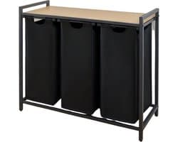 KAD® Wassorteerder - Wasmand 3 Vakken - Wasmand Met Deksel - Wasmand - Zwart - 36cm x 84cm x 73cm