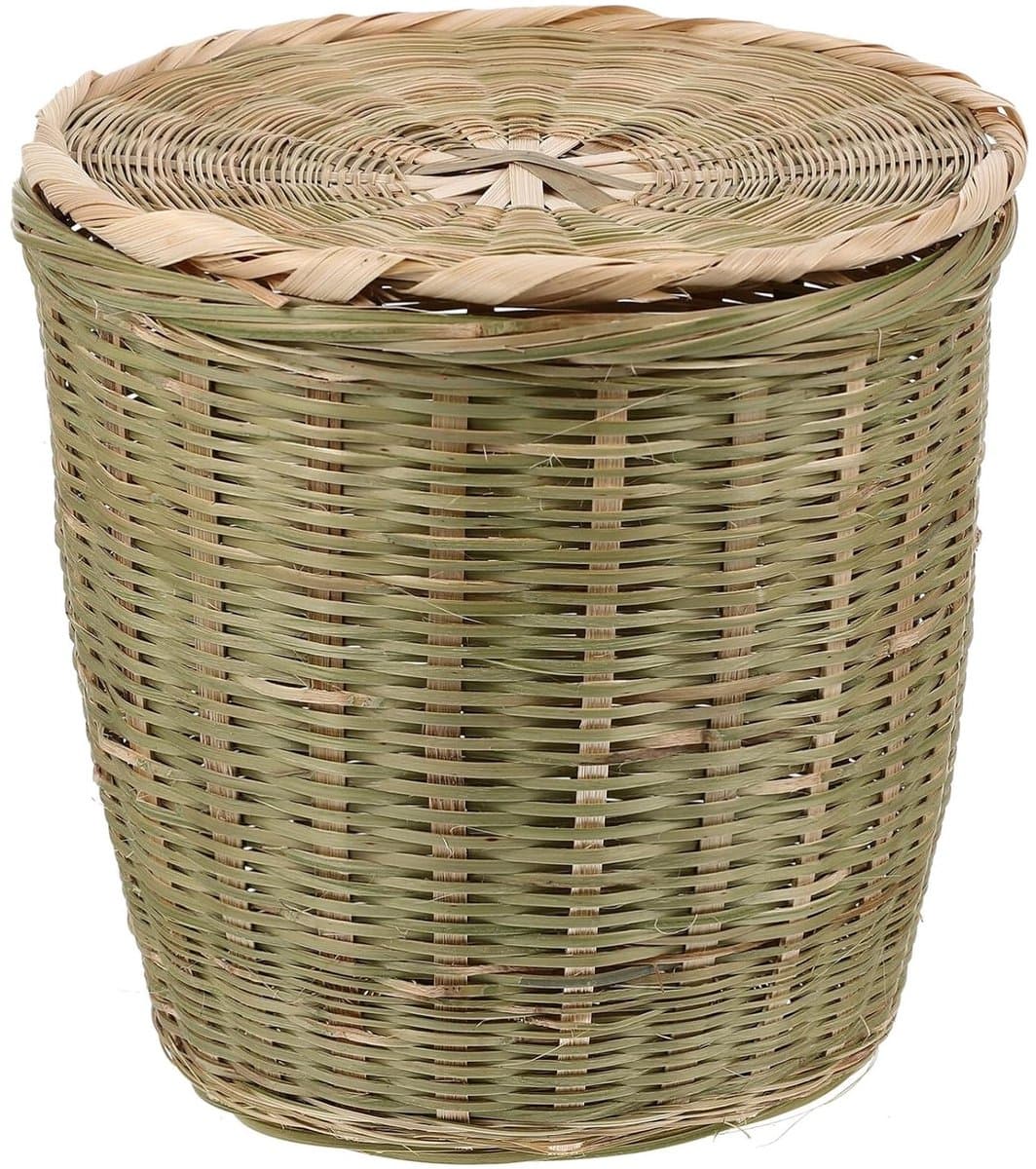 Ronde rotan-afvalmand met deksel - Geweven vuilnisemmer voor natuurlijk opbergen, rieten mand en wasmand voor in huis — afbeelding 1