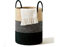 Gevlochten wasmand met handvat, rond en groot 38 x 50 cm, ideaal voor dekens, speelgoed en wasverzameling in woonkamer of wasruimte (driekleurig)