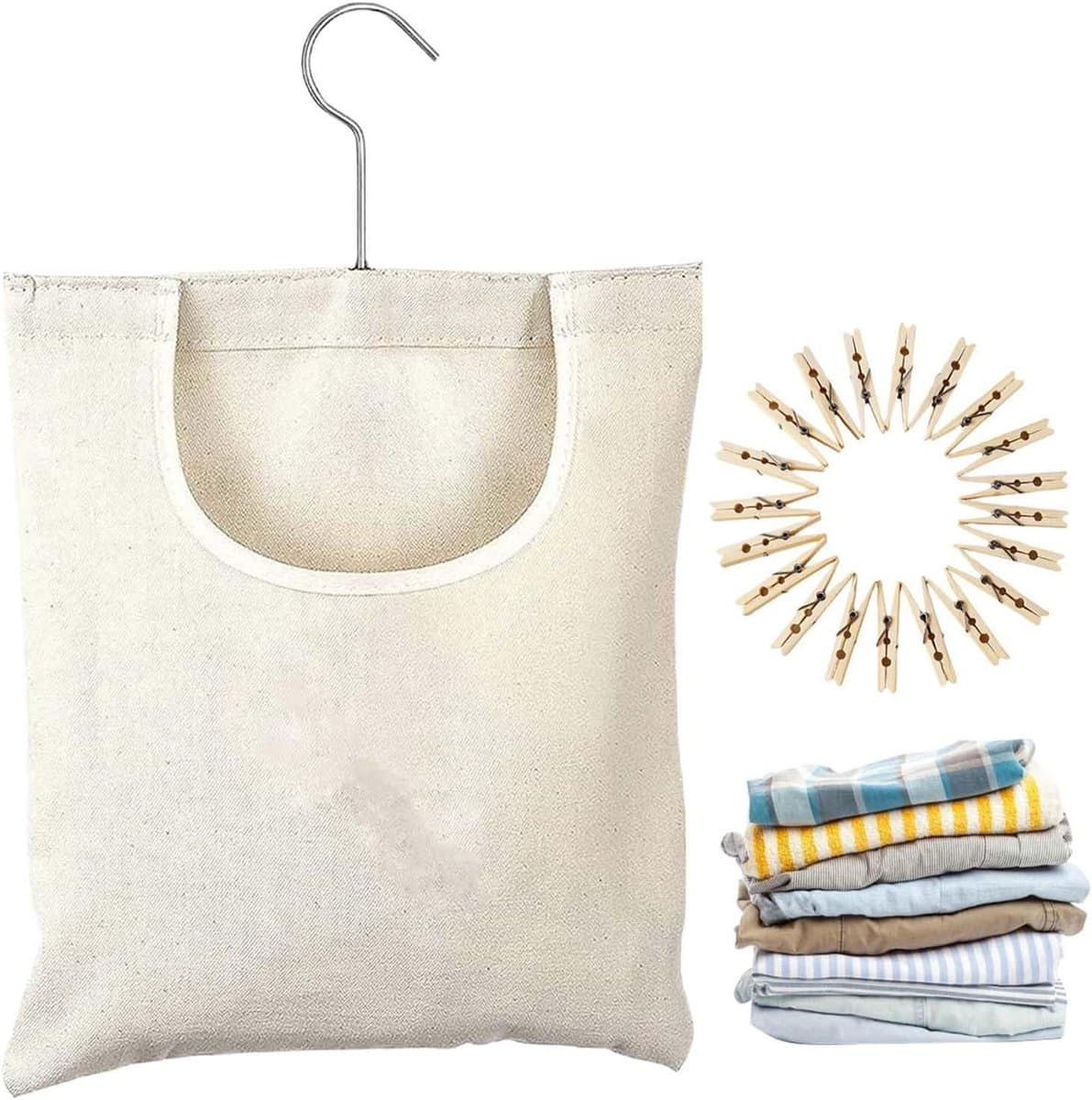 Wasknijperzak Canvas - Kledinghanger Tas - Wasgoed Organiseren - Draaibare Haak - 32 x 27 cm - Beige — afbeelding 1