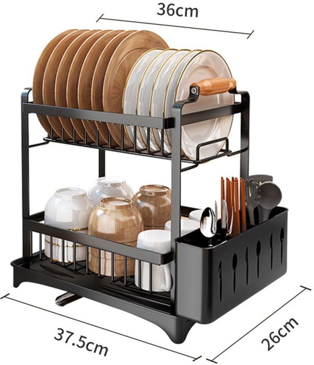 Afdruiprek – Droogrek – Serviesrek – Bestekrek – Keukenrek – 2-Laags RVS – Compact Zwart Design 36x26x37 cm — afbeelding 1
