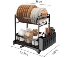 Afdruiprek – Droogrek – Serviesrek – Bestekrek – Keukenrek – 2-Laags RVS – Compact Zwart Design 36x26x37 cm