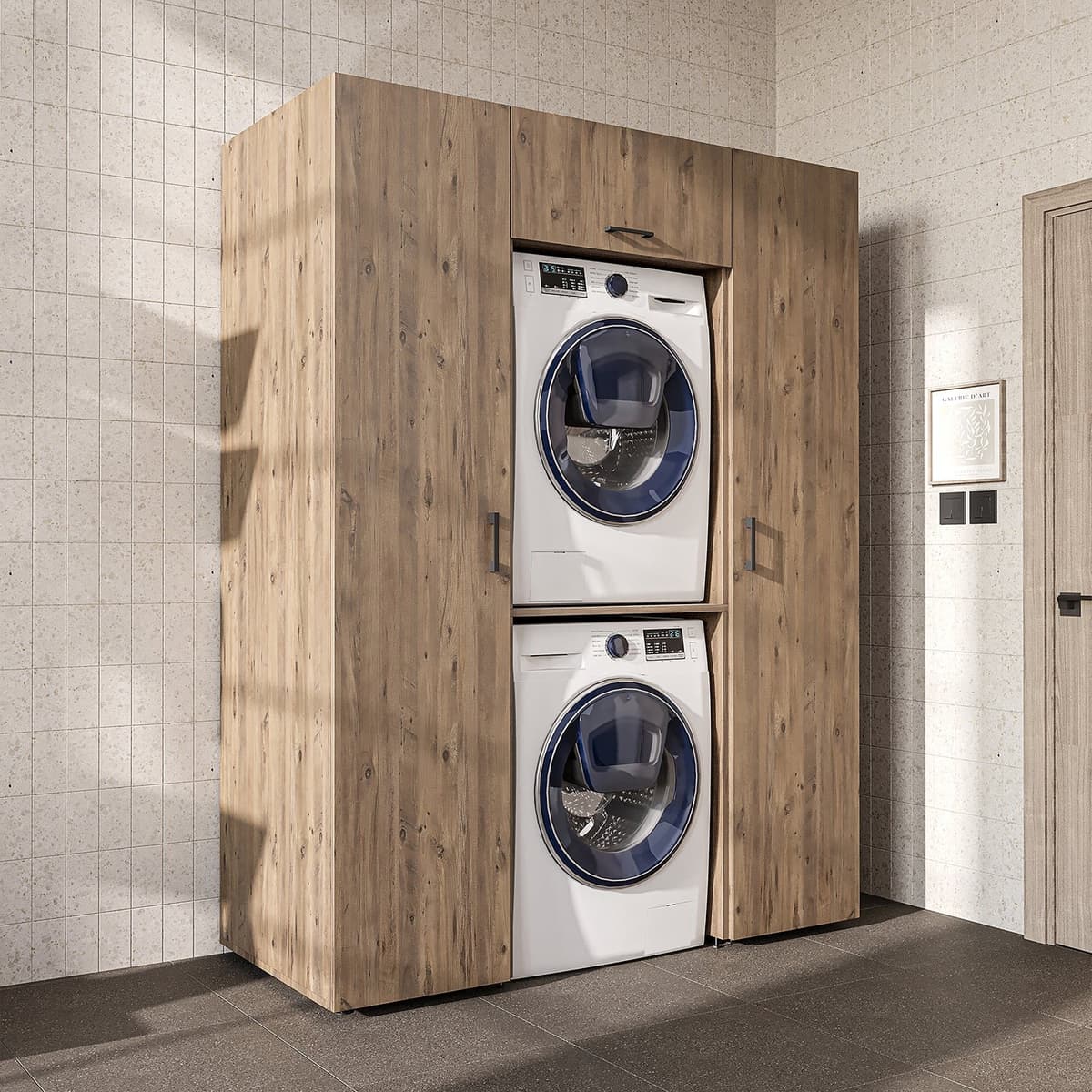 Roomart DUO-I Wasmachine Ombouwkast 157x205 cm - Kastenwand met 2 Hoge Kasten 45 - Eiken — afbeelding 1