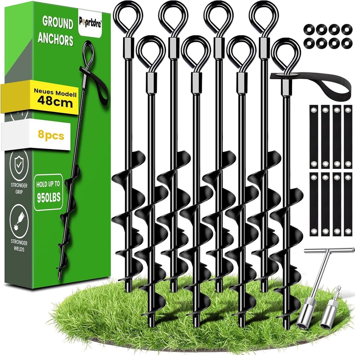 SnelShoppen - Ground Anchors 48 cm Set van 8 met Duurzame Straps - Grondankers voor Tent, Schommels, Luifels - Bijzonder Stabiliteit en Eenvoudige Ins — afbeelding 1
