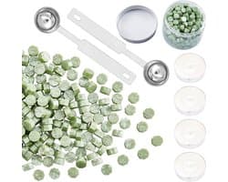 Pakket van 300 wasbolletjes voor het maken van waxzegels met 4 theelichten en 2 smeltlepels (groen)