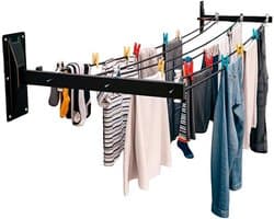 Wand Wasrek - Waslijn Houder - Buiten Kleding Drogen - Zijmontage Met 6 Katrollen - 45 cm - Zwart