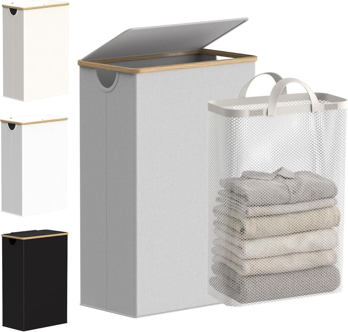 Slimme Wasmand met Deksel, Smalle Wasmand met Verwijderbare Tas, Opvouwbare Vuilwasmand met Handvatten voor Badkamer, Slaapkamer en Wasruimte, 75L, Lichtgrijs - Ideaal voor Organisatie en Ruimtebesparing — afbeelding 1