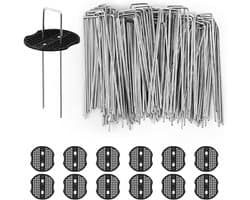 SnelShoppen - Weed Membrane Pegs 100 stuks + 12 Buffer Ringen, 150mm U-Vormige Tuinpinnen voor Onkruidmembranen, Voorzien van Stalen Grondpennen voor