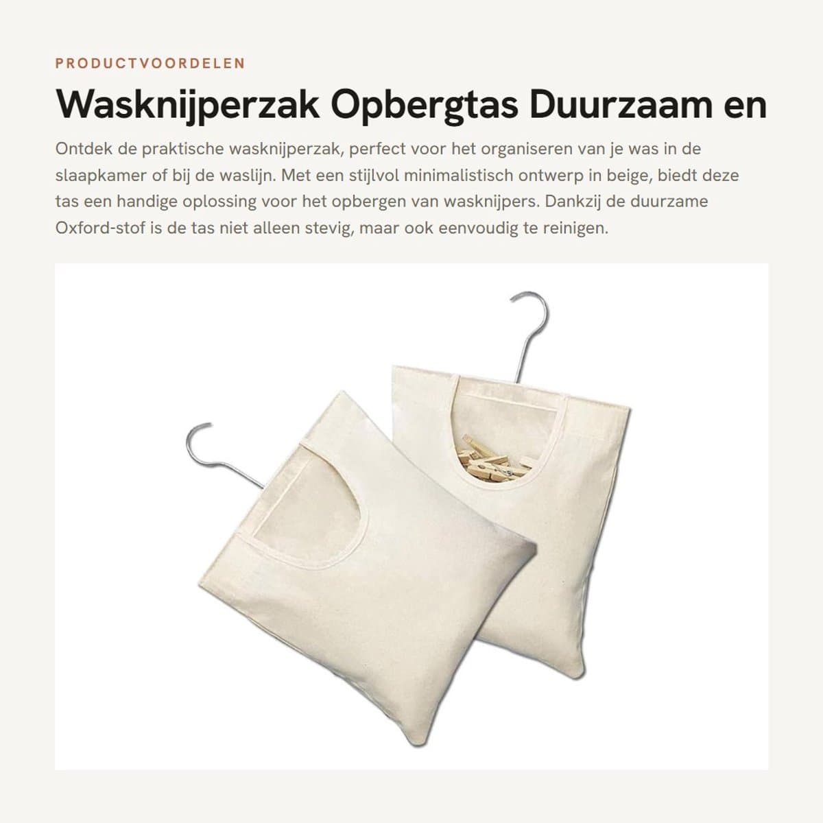 Dailygoods- Wasknijperzak Duurzaam - Wasknijpertas - Opbergtas - Hangende Wasknijperzak - 2 Stuks - 27 x 32 cm - Beige — afbeelding 1