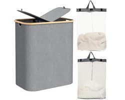 Dailygoods - Wasmand met Deksel, Wasmand 2 Vakken met 2 Uitneembare Waszakken, Opvouwbare Wasbox, Waterdichte Oxford Stof, Grote Inhoud, Wasmand voor Badkamer, Slaapkamer en Wasruimte (Gray, M)