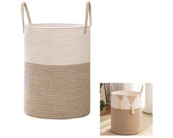 Wasmand van katoentouw - Wasmand van gevlochten katoentouw - Opvouwbare wasmand - Diverse mand - Wasmand - Opbergmand - 38*50,5 cm - Verstevigd handvat - Geschikt voor badkamers, kinderkamers, woonkamers, enz. - Bruin, wit