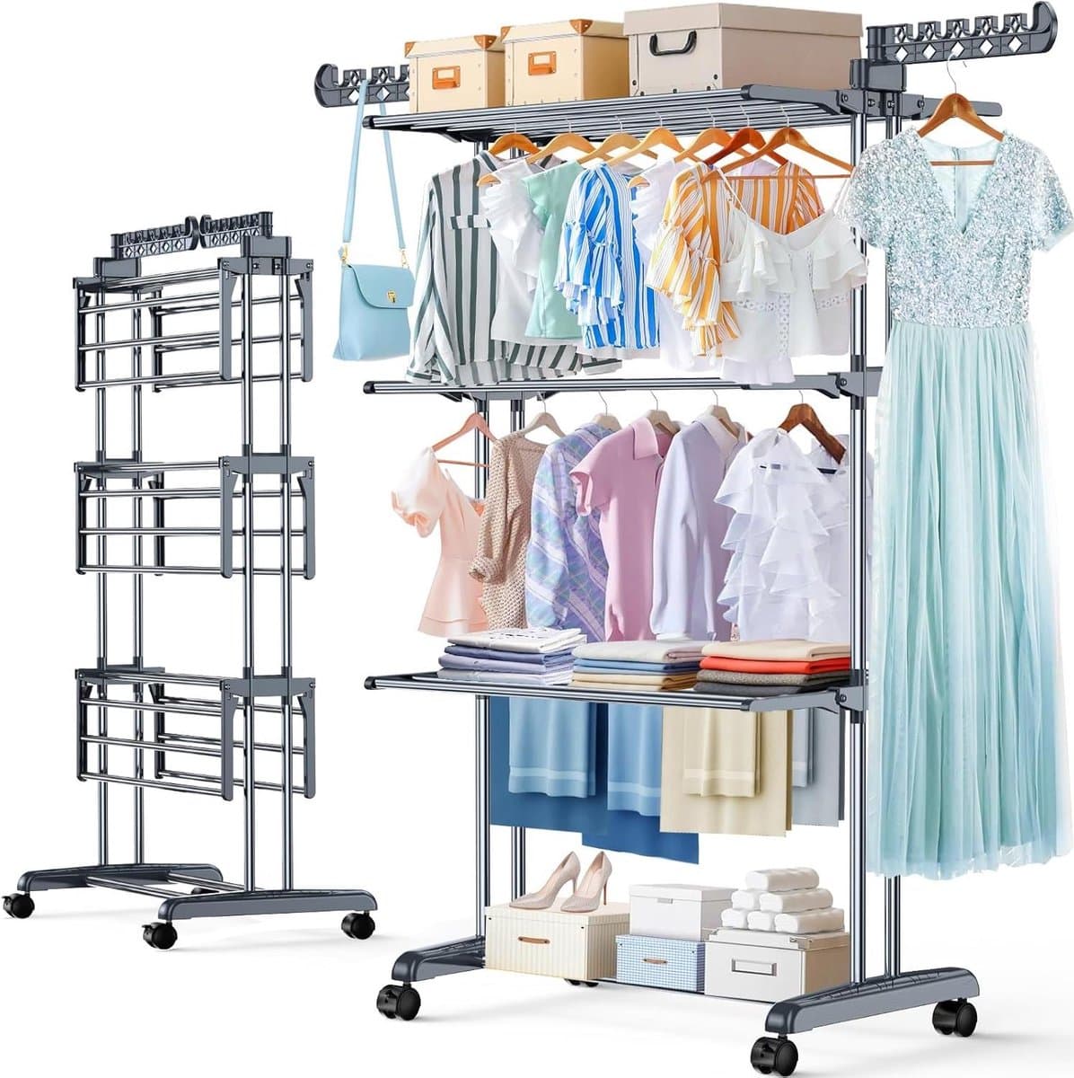 Droogrek 4 etages - Wasrek toren - Kleding drogen - Opvouwbaar met wielen - Grote capaciteit - Grijs Zwart — afbeelding 1