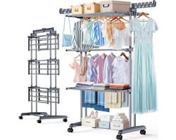 Droogrek 4 etages - Wasrek toren - Kleding drogen - Opvouwbaar met wielen - Grote capaciteit - Grijs Zwart