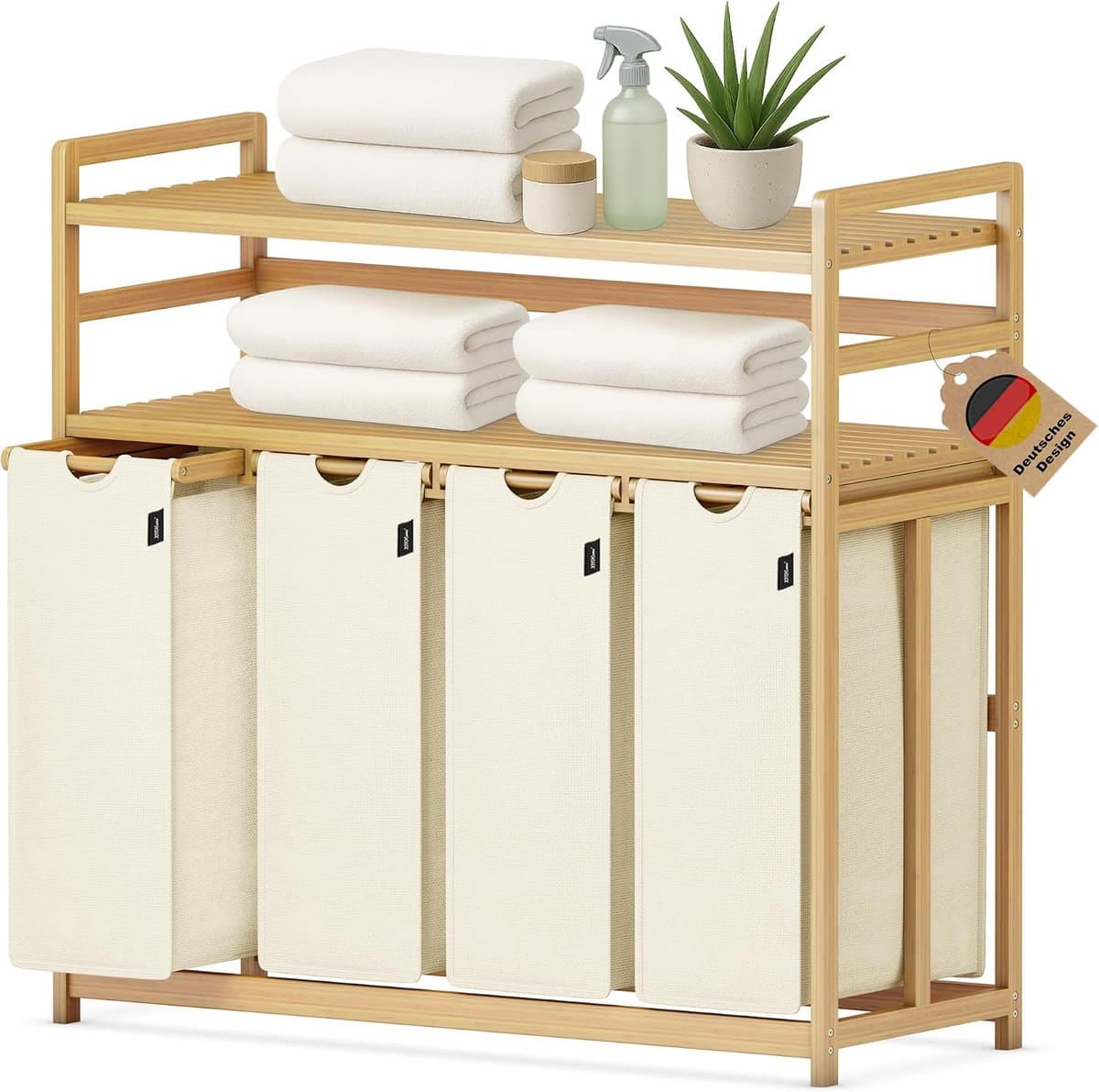198 liter wasverzamelaar, 4 vakken, wasmand met dubbele plank | bamboe wasbox met uitneembare waszakken, ruimtebesparend voor badkamer, slaapkamer, waskeuken, beige — afbeelding 1