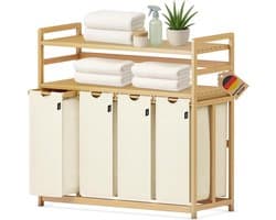 198 liter wasverzamelaar, 4 vakken, wasmand met dubbele plank | bamboe wasbox met uitneembare waszakken, ruimtebesparend voor badkamer, slaapkamer, waskeuken, beige
