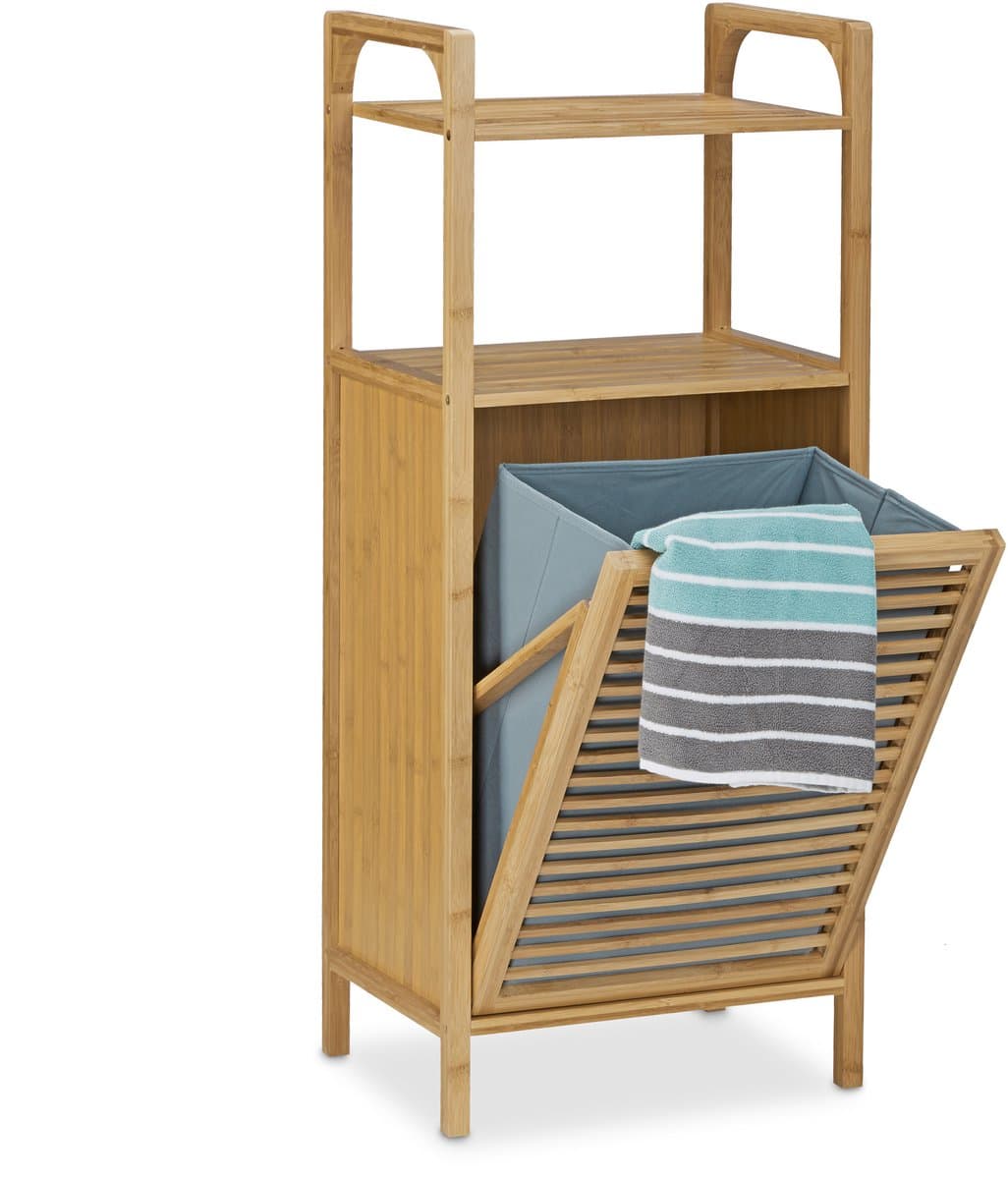 badkamerrek met wasmand - 95 x 40 x 30 cm - 2 planken - bamboe — afbeelding 1