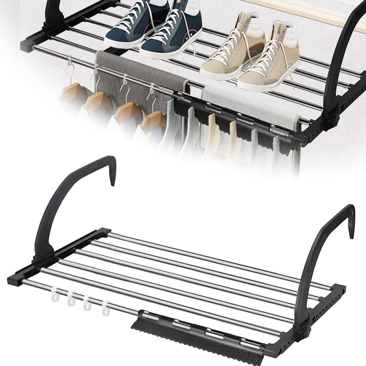 Balkonwasdroger, roestvrij staal, 67 cm, balkondroger, inklapbaar, hangdroger, wasrek, wanddroger, radiator, zwart, hangwasdroger, washanger, balkon, droger voor binnen en buiten — afbeelding 1