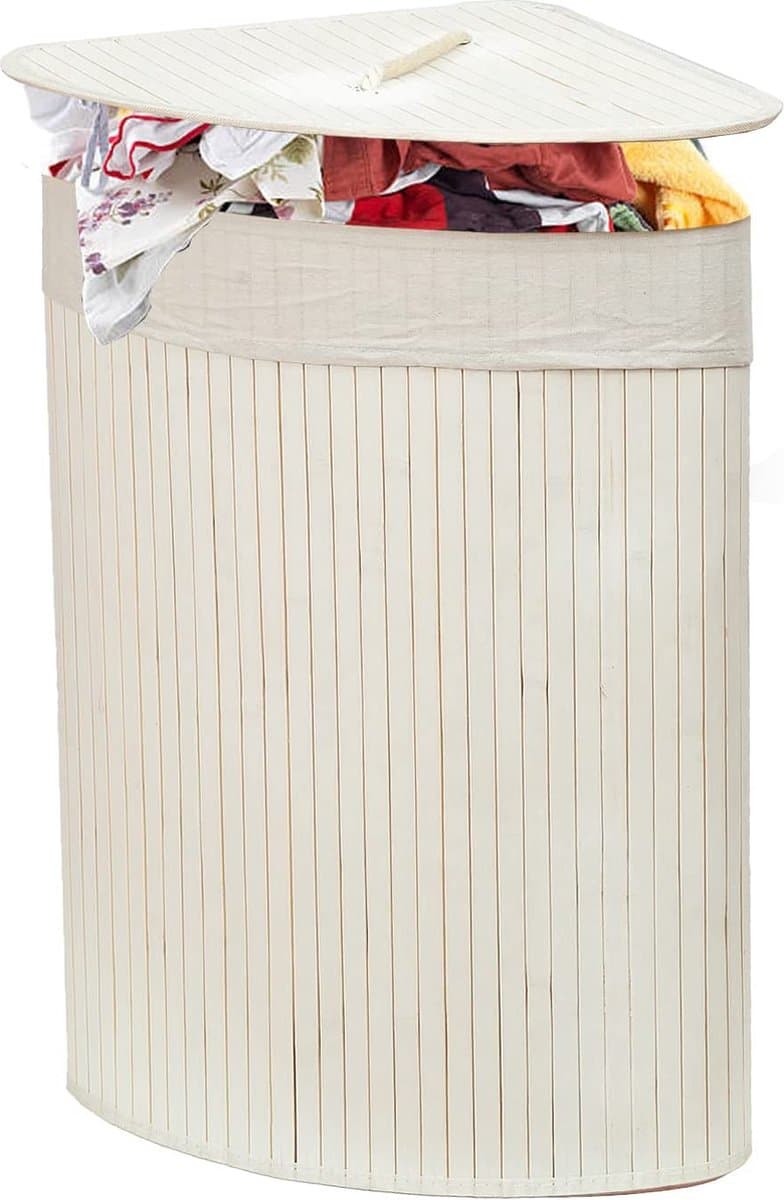 60L Bamboe Wasmand met Deksel |Uitneembare Voering | Opvouwbare Bamboe Opbergmand | Witte Bamboe Wasmand | Milieuvriendelijk | 29 x 39 x 57 cm | Perfect voor Elke Ruimte — afbeelding 1