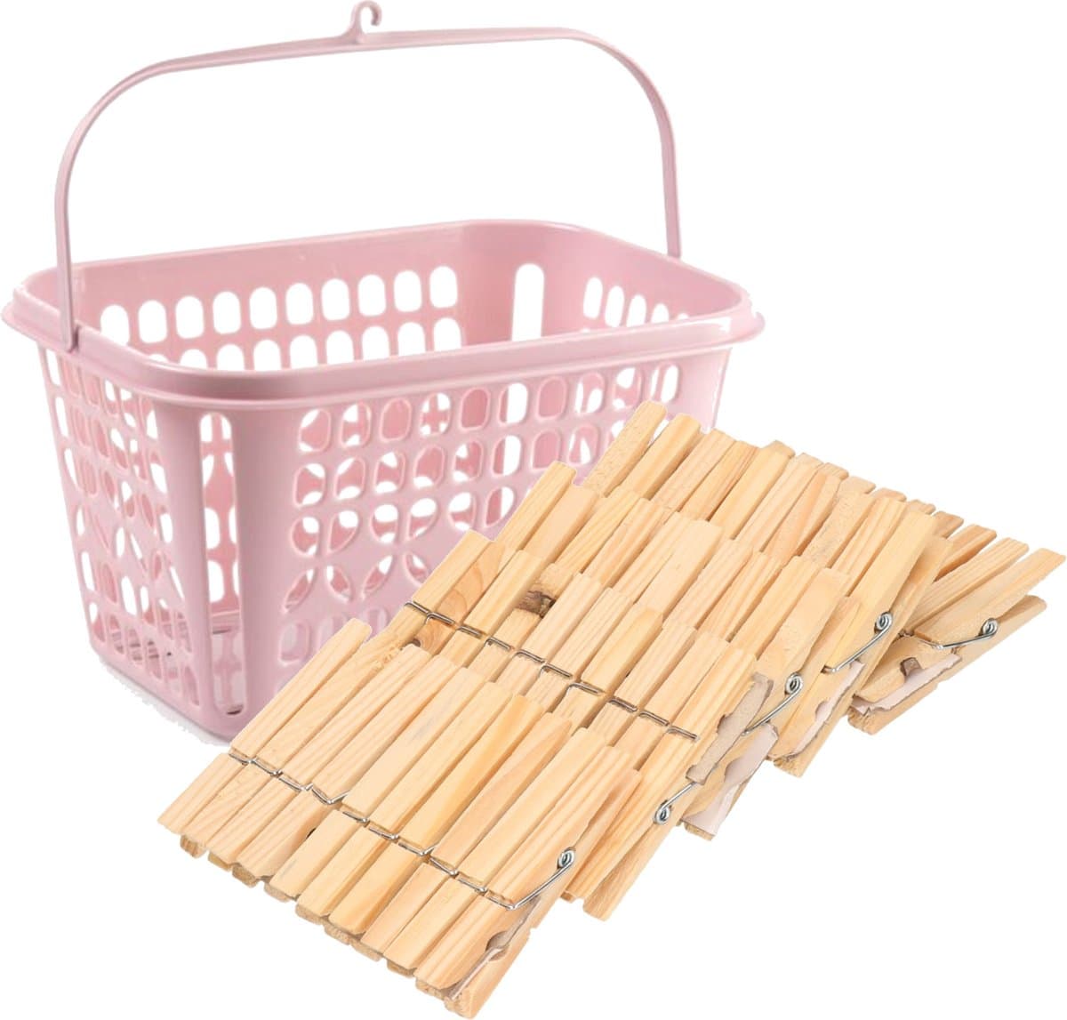 Wasknijpers verzamelen kunststof oud roze mandje met haak en 150x stuks houten knijpers 7.5 cm - Was ophangen — afbeelding 1