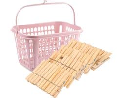 Wasknijpers verzamelen kunststof oud roze mandje met haak en 150x stuks houten knijpers 7.5 cm - Was ophangen
