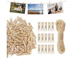 160 Houten Mini Wasknijpers met Jutekoord - voor Foto's, Kaarten, Decoratie
