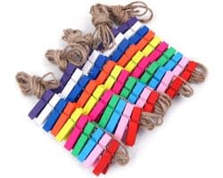 Houten wasknijpers - Set van 50 stuks met jute koord - Voor zakclips en tas wasknijpers - Kleine clips van 1,3 inch - Heavy duty outdoor gebruik.