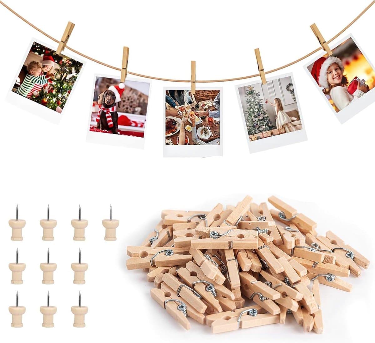 Allecto Plus - Houten Wasknijpers 160 stuks - 25 cm - Jutedraad - Fotohouders — afbeelding 1